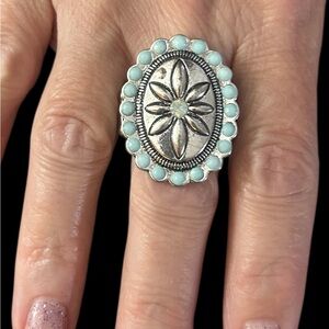 Silver Floral Stretch Ring with Turquoise Accents